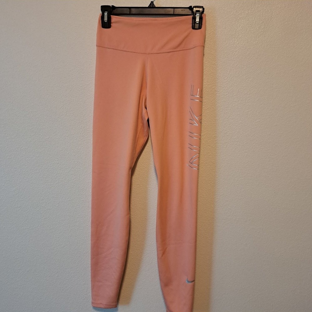 Nike Dri-FIT Leggings Womens Small Peach Coral‎ Silver Metallic Graphic Tights